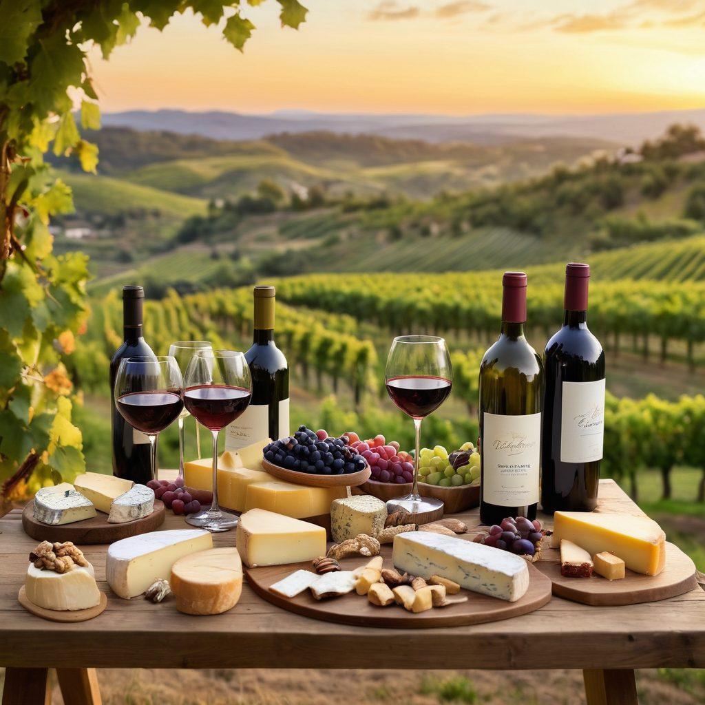 A beautifully laid out wine tasting table featuring a diverse selection of wine bottles and elegant glasses, with artisan cheeses and gourmet snacks artfully arranged around them. The backdrop shows a rustic vineyard at sunset, with lush grapevines and rolling hills, creating an inviting atmosphere for wine enthusiasts. The scene captures the essence of sophistication and indulgence. super-realistic. vibrant colors. warm lighting.
