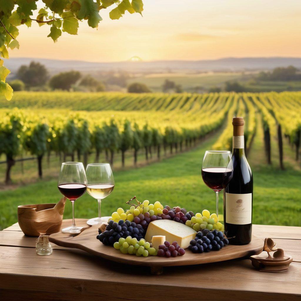 A picturesque vineyard landscape at sunset, showcasing rows of lush grapevines laden with ripe grapes. In the foreground, a rustic wooden table is set with an elegant wine decanter and artisan cheese platter, surrounded by glasses of premium wine. Warm golden hues illuminate the scene, inviting the viewer to savor the rich experience from vineyard to table. Traditional elements blend with a touch of modern art style. super-realistic. warm tones. lush greenery.