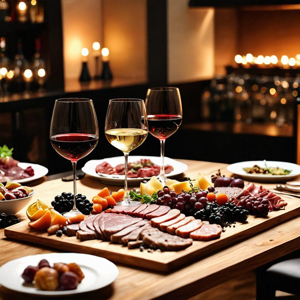 An elegant dining table set with exquisite wine glasses, a beautifully arranged charcuterie board, and various gourmet dishes complementing the wine selection, with soft, ambient lighting to create a warm atmosphere. In the background, passionate chefs are seen preparing intricate meals, emphasizing the art of pairing. The scene should evoke a sense of sophistication and culinary delight. super-realistic. warm tones. soft focus.